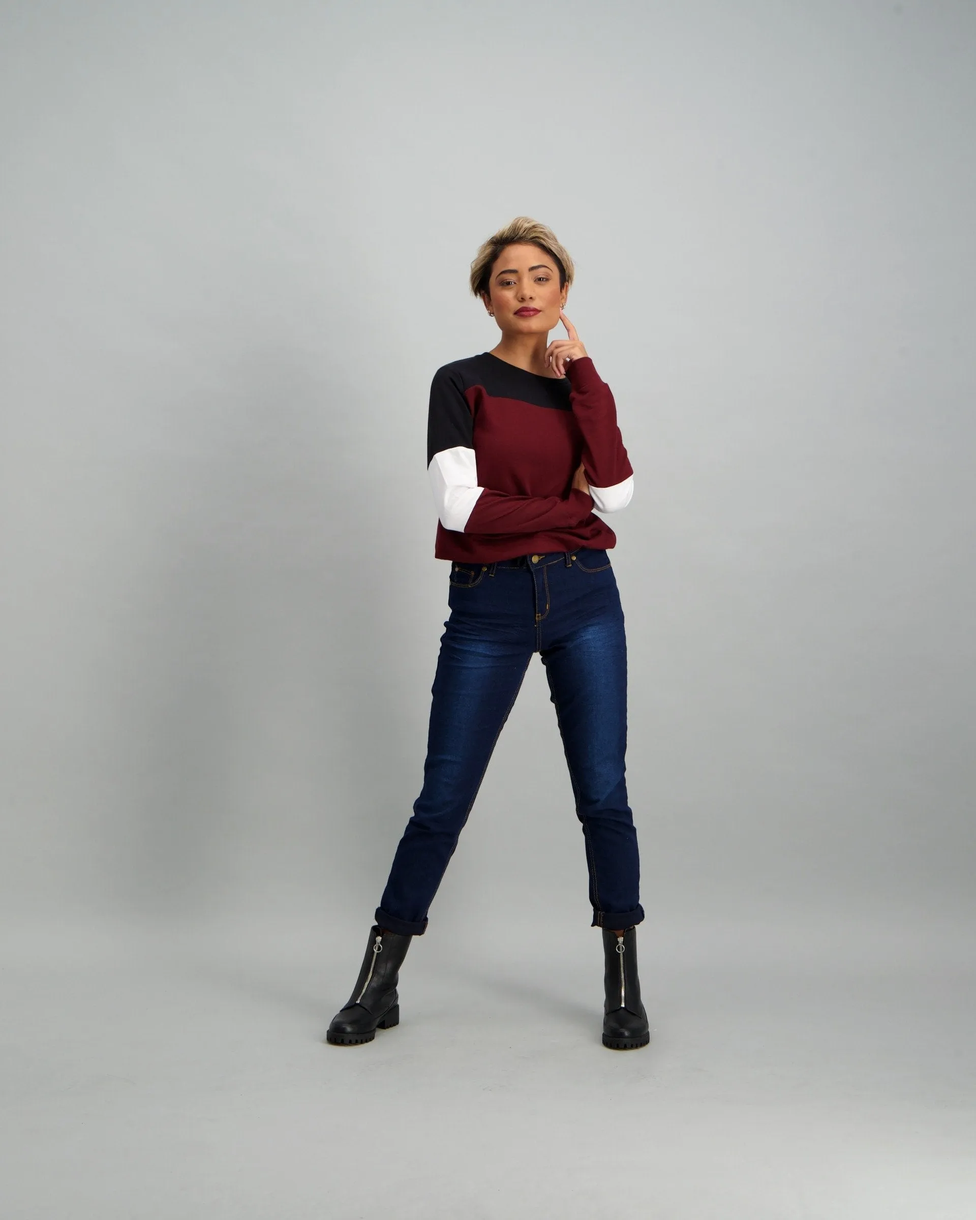 Ladies Colour Block Fleece Top - Burgundy