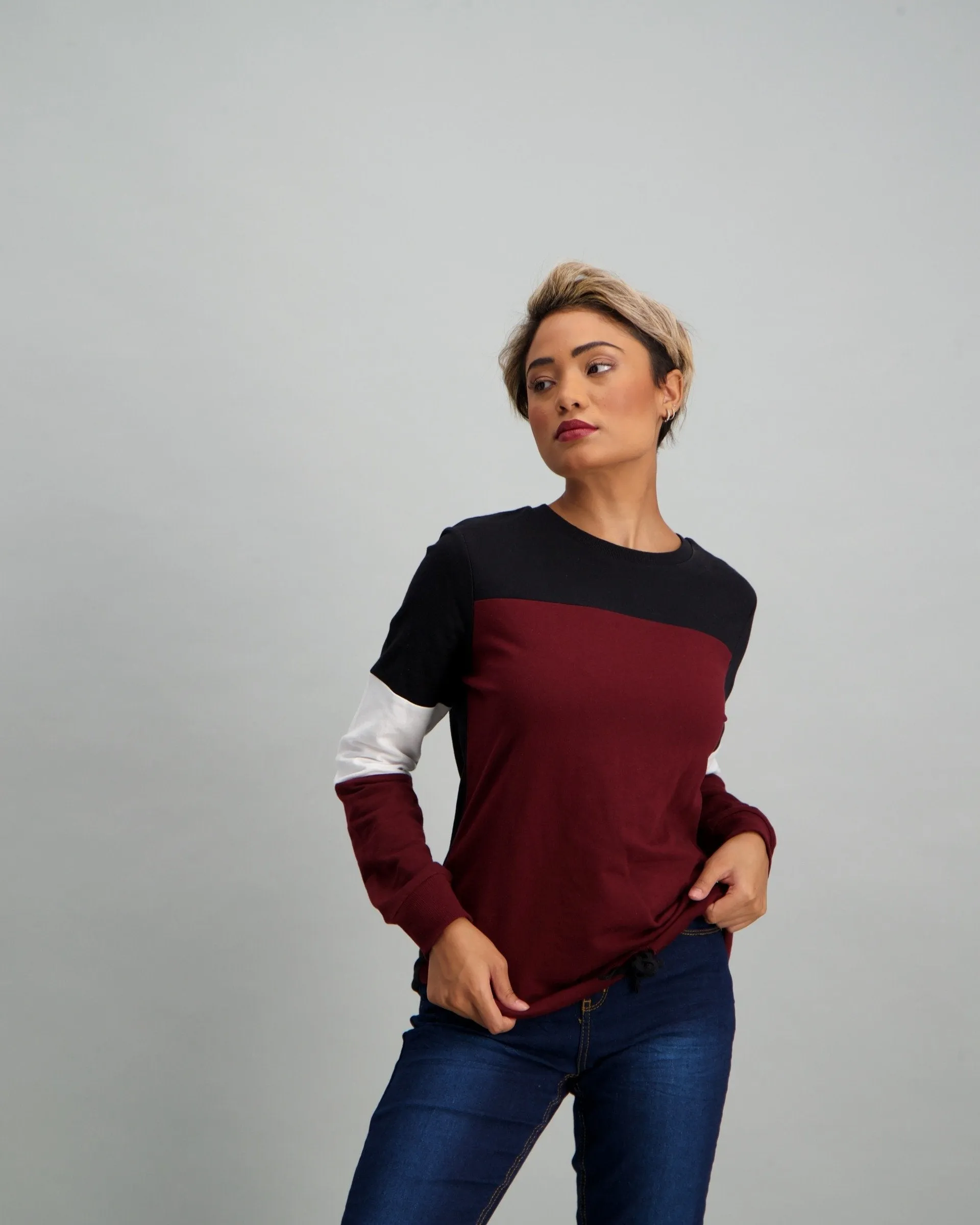 Ladies Colour Block Fleece Top - Burgundy