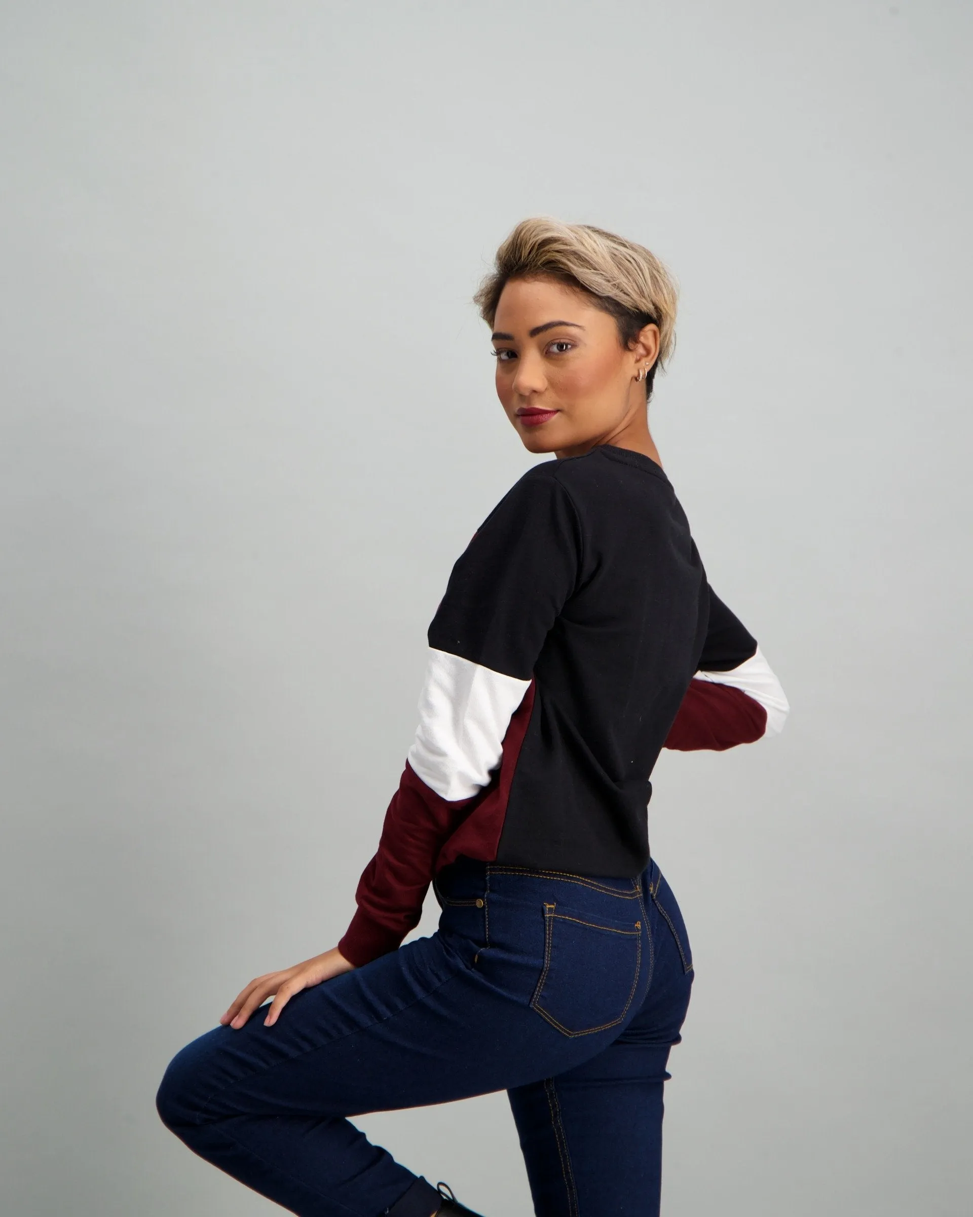 Ladies Colour Block Fleece Top - Burgundy