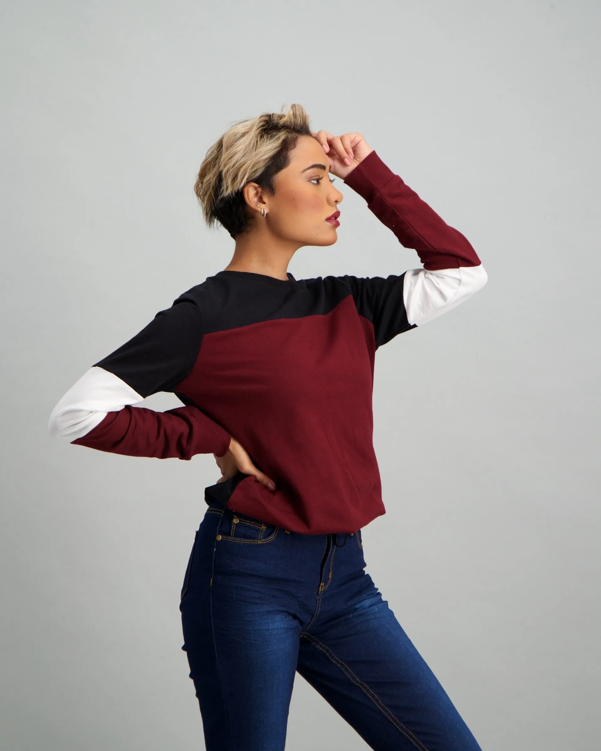 Ladies Colour Block Fleece Top - Burgundy