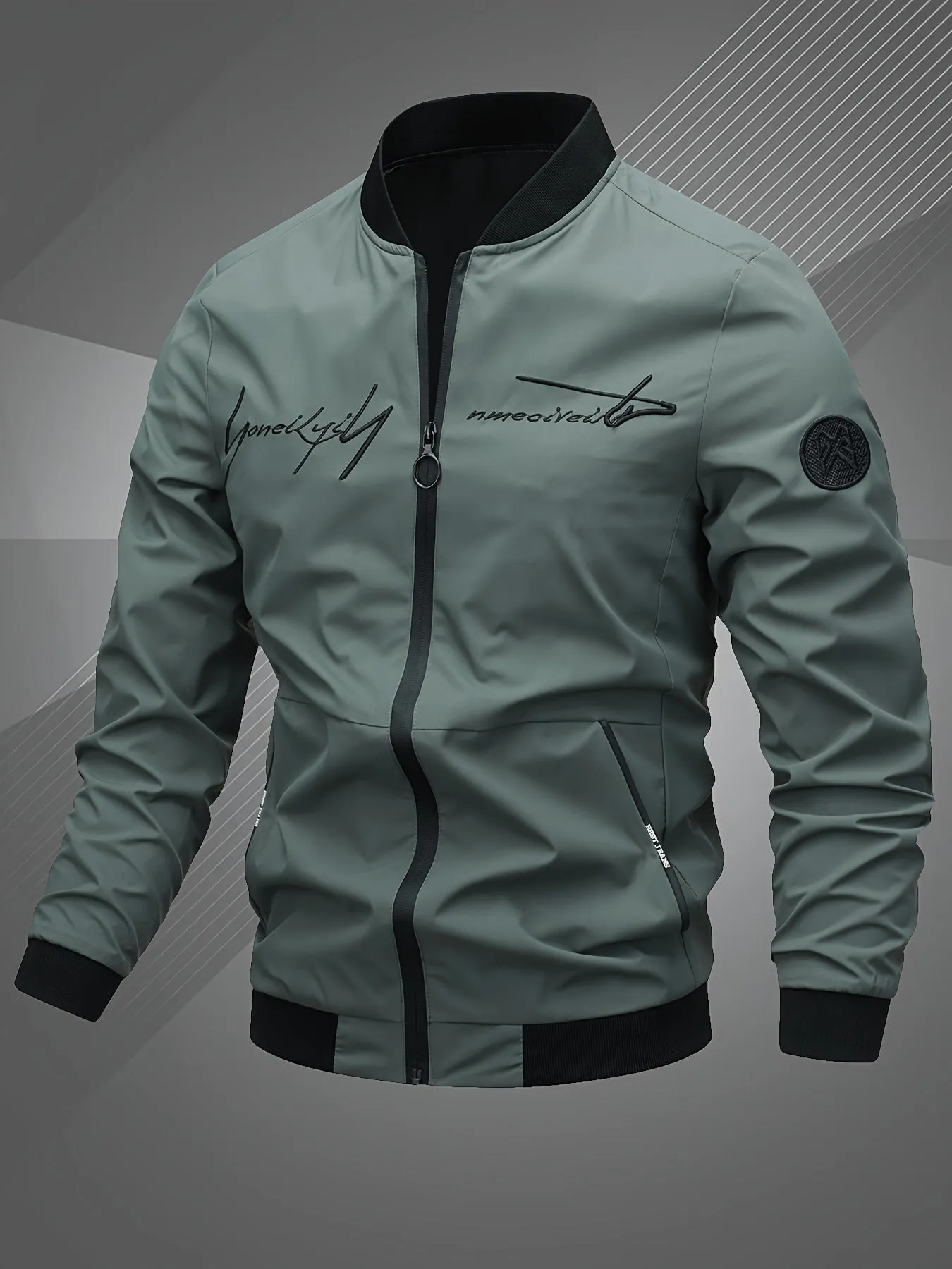 Letter Embroidered Bomber Jacket for Men | Zachary