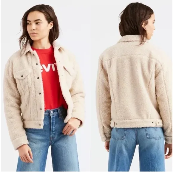 Levi’s Sherpa Trucker Cropped Ex Boyfriend Jacket Womens Size Small