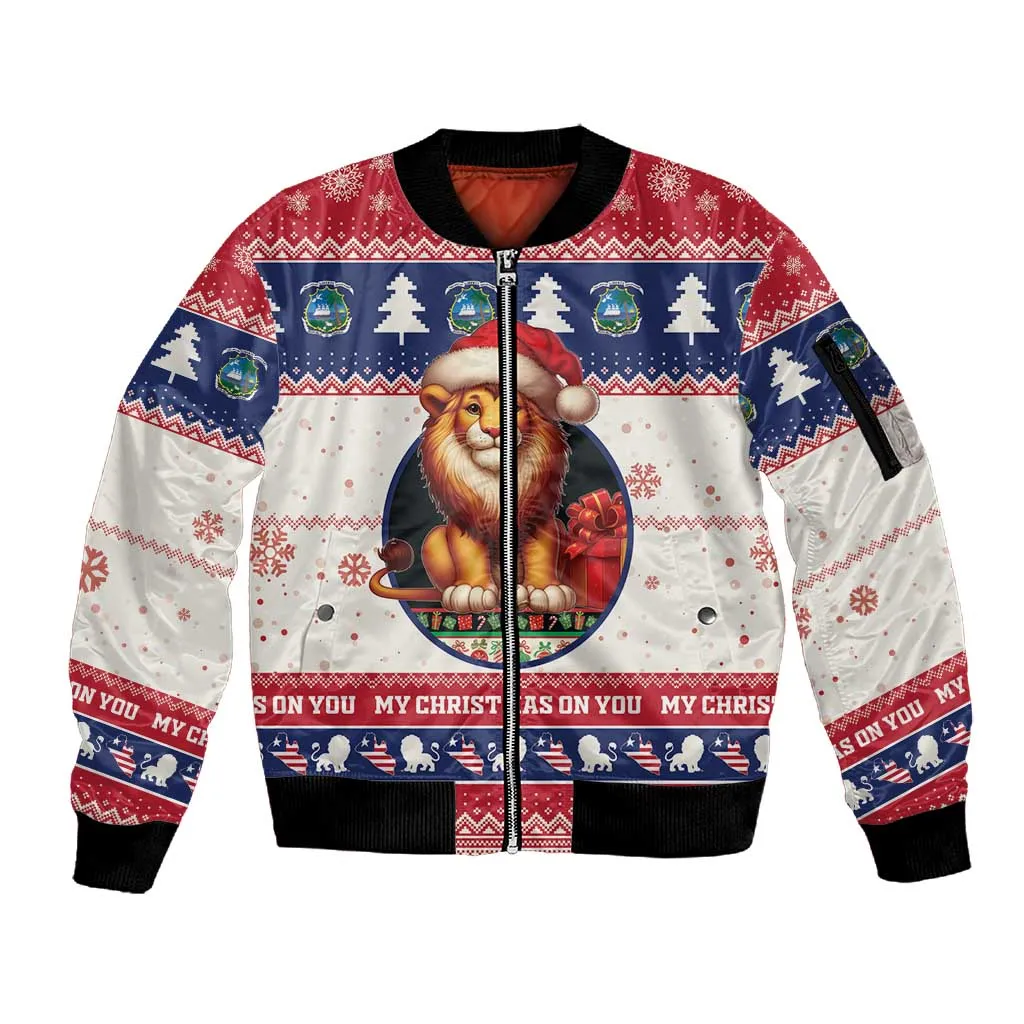 Liberia Christmas Sleeve Zip Bomber Jacket African Lion Santa LT15