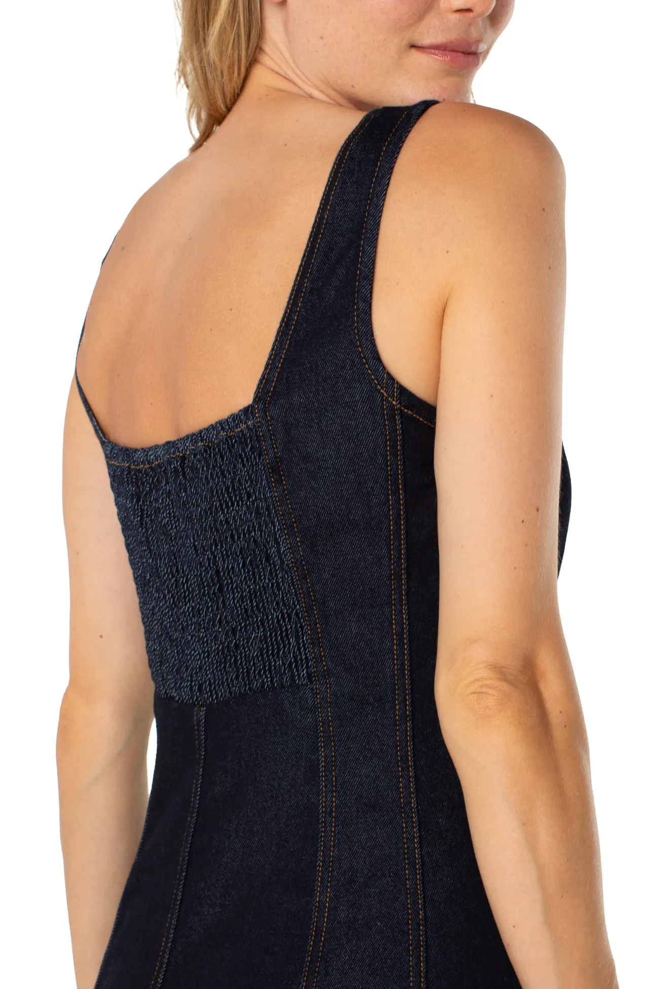 Liverpool Indigo Rinse Smocked Back Midi Dress