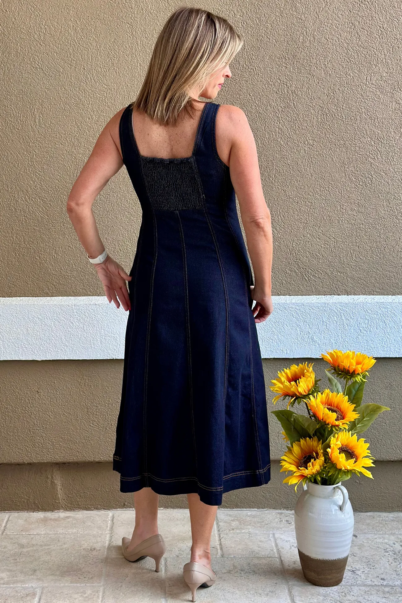 Liverpool Indigo Rinse Smocked Back Midi Dress