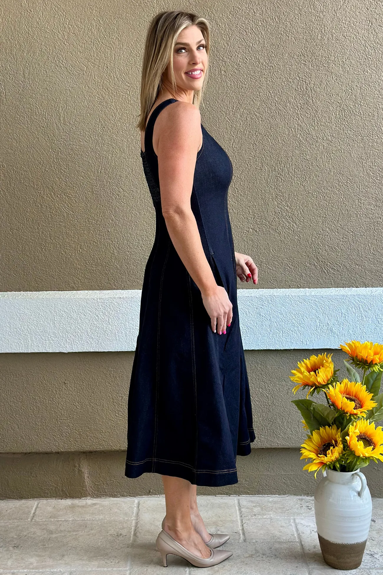 Liverpool Indigo Rinse Smocked Back Midi Dress
