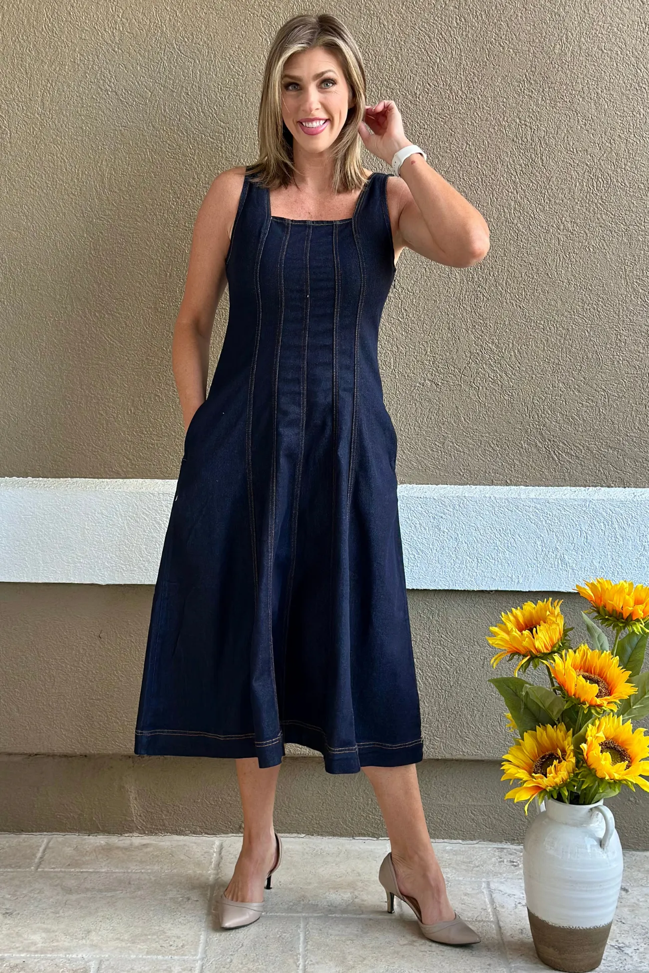Liverpool Indigo Rinse Smocked Back Midi Dress