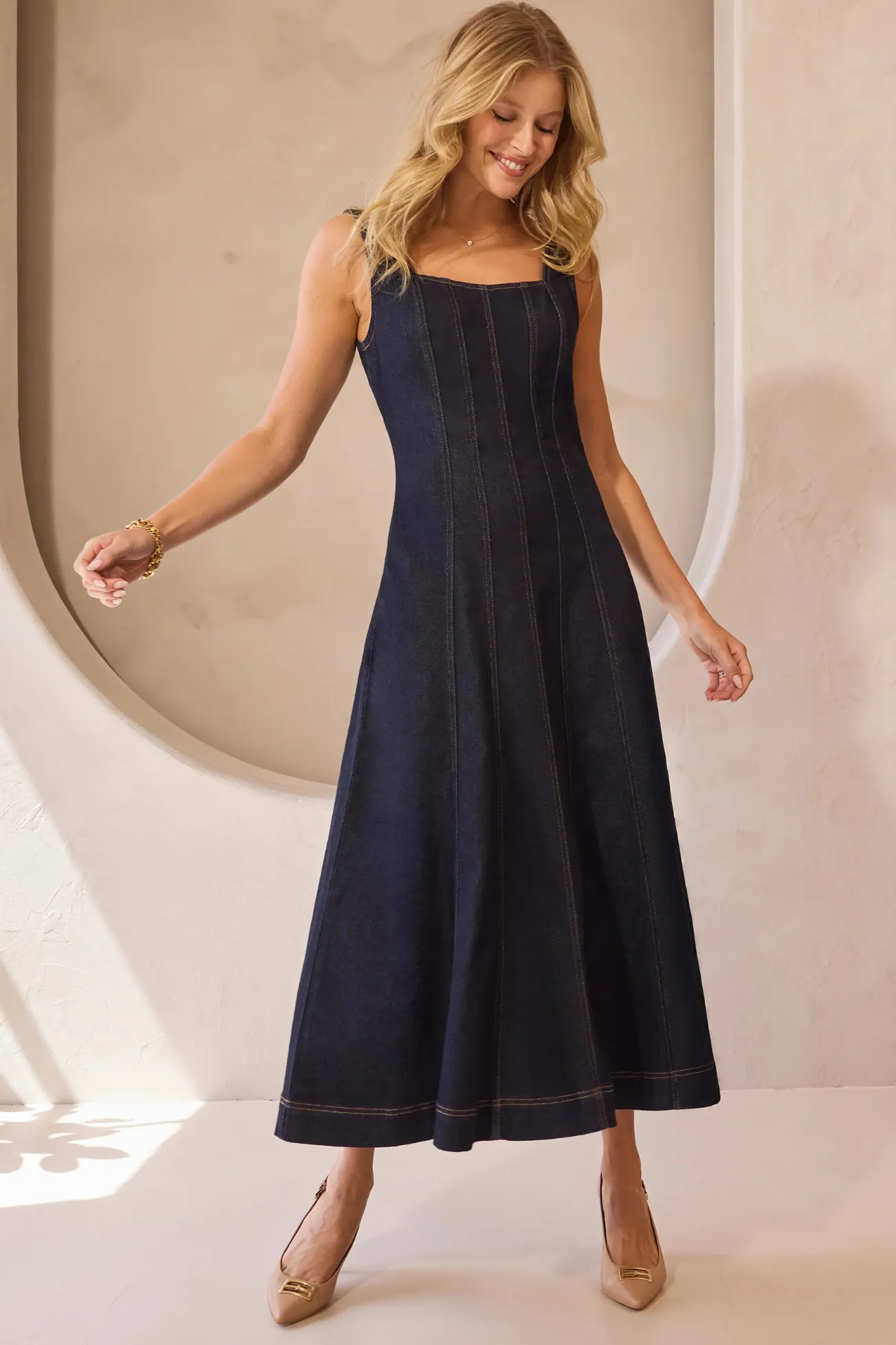 Liverpool Indigo Rinse Smocked Back Midi Dress