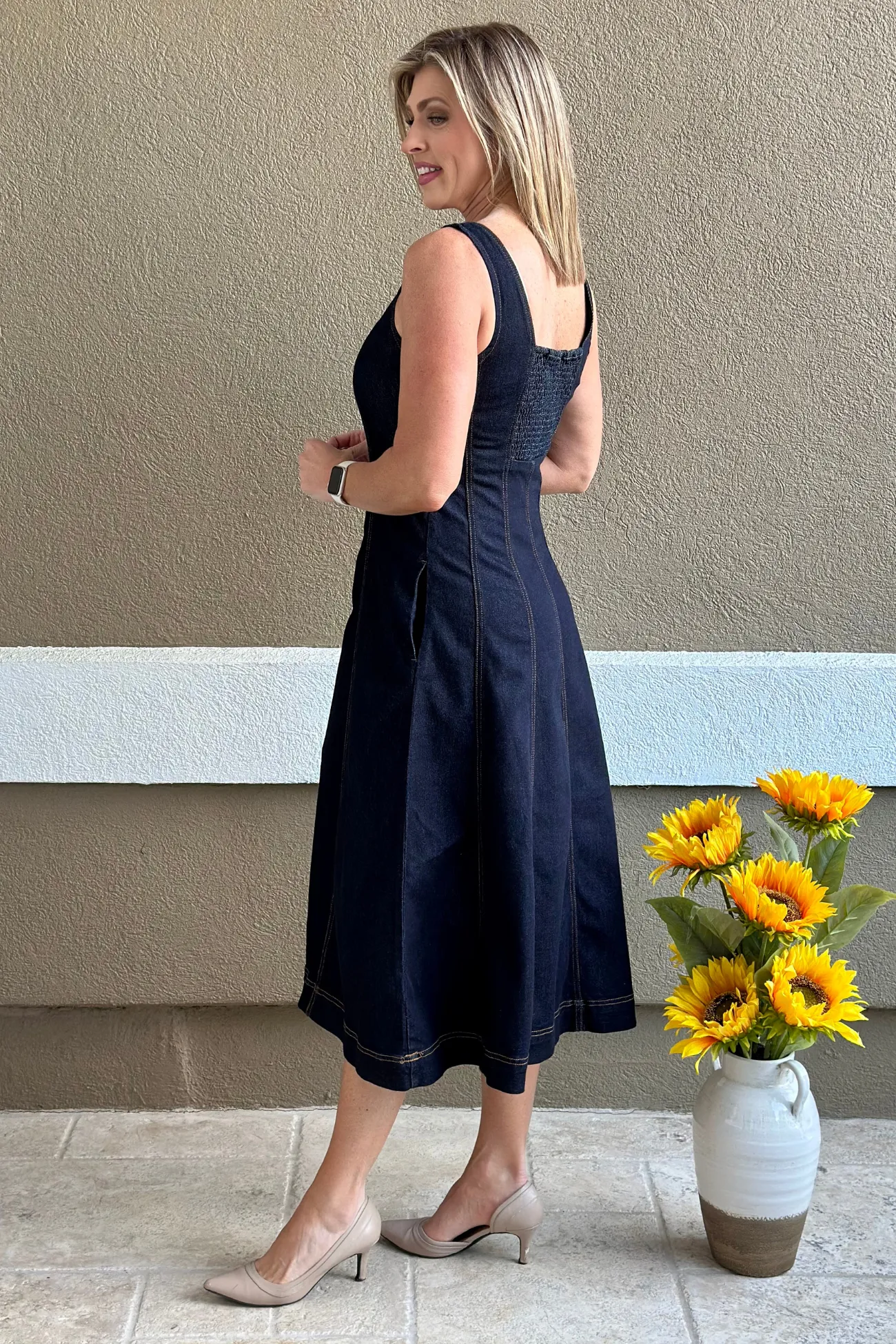 Liverpool Indigo Rinse Smocked Back Midi Dress