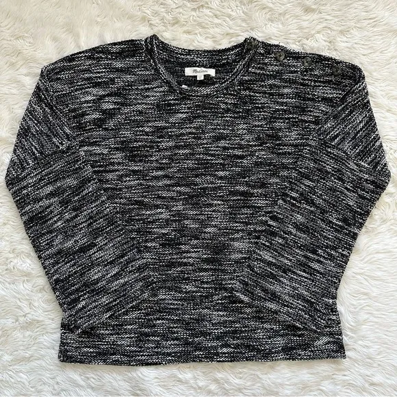 Madewell Sweater Button-Shoulder Wide-Sleeve Top Black White XXS NWT New