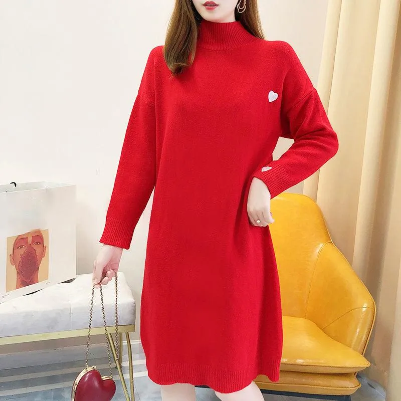 Maternity Autumn and Winter Dresses Plus Size Half High Neck Sweater Mid-length Long-sleeved Warm Sweater