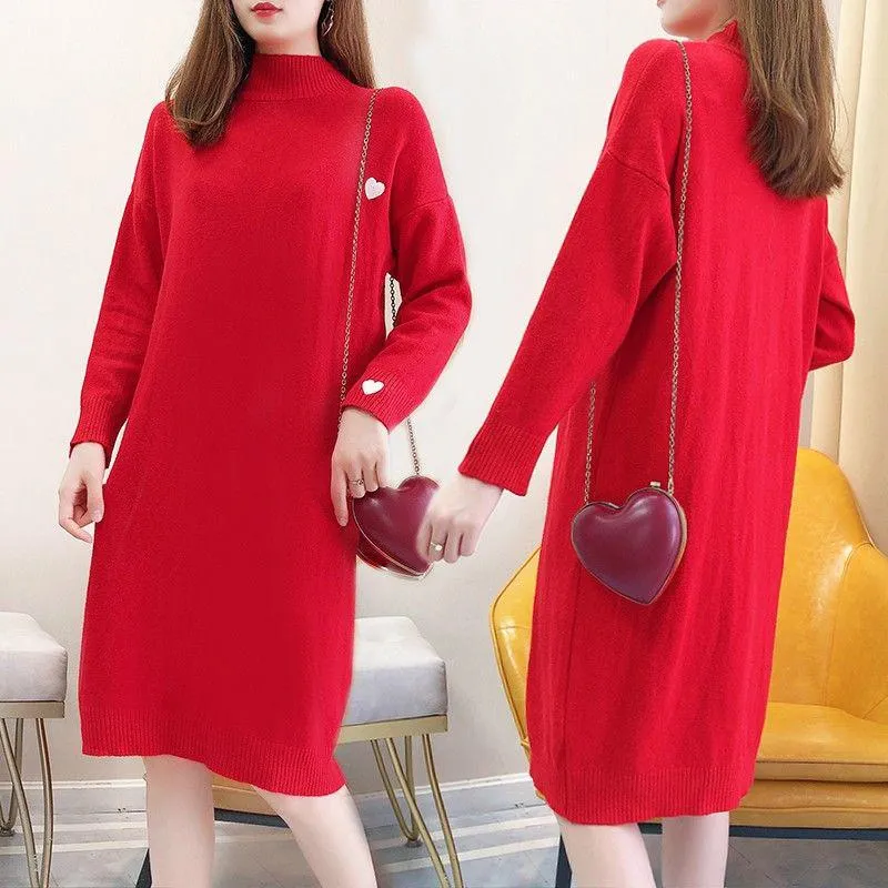 Maternity Autumn and Winter Dresses Plus Size Half High Neck Sweater Mid-length Long-sleeved Warm Sweater