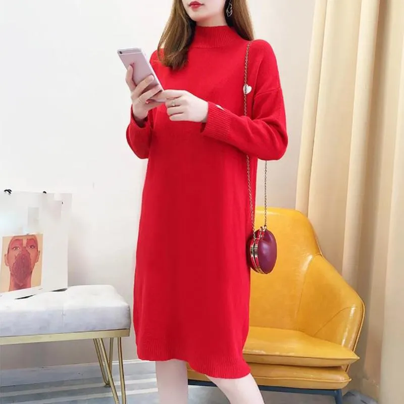 Maternity Autumn and Winter Dresses Plus Size Half High Neck Sweater Mid-length Long-sleeved Warm Sweater