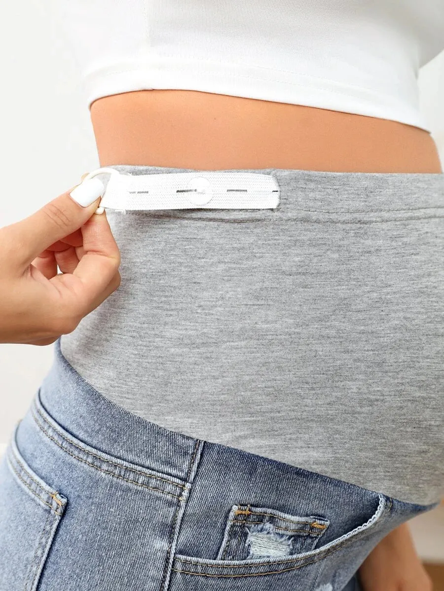 Maternity Wideband Waist Ripped Raw Hem Denim Shorts
