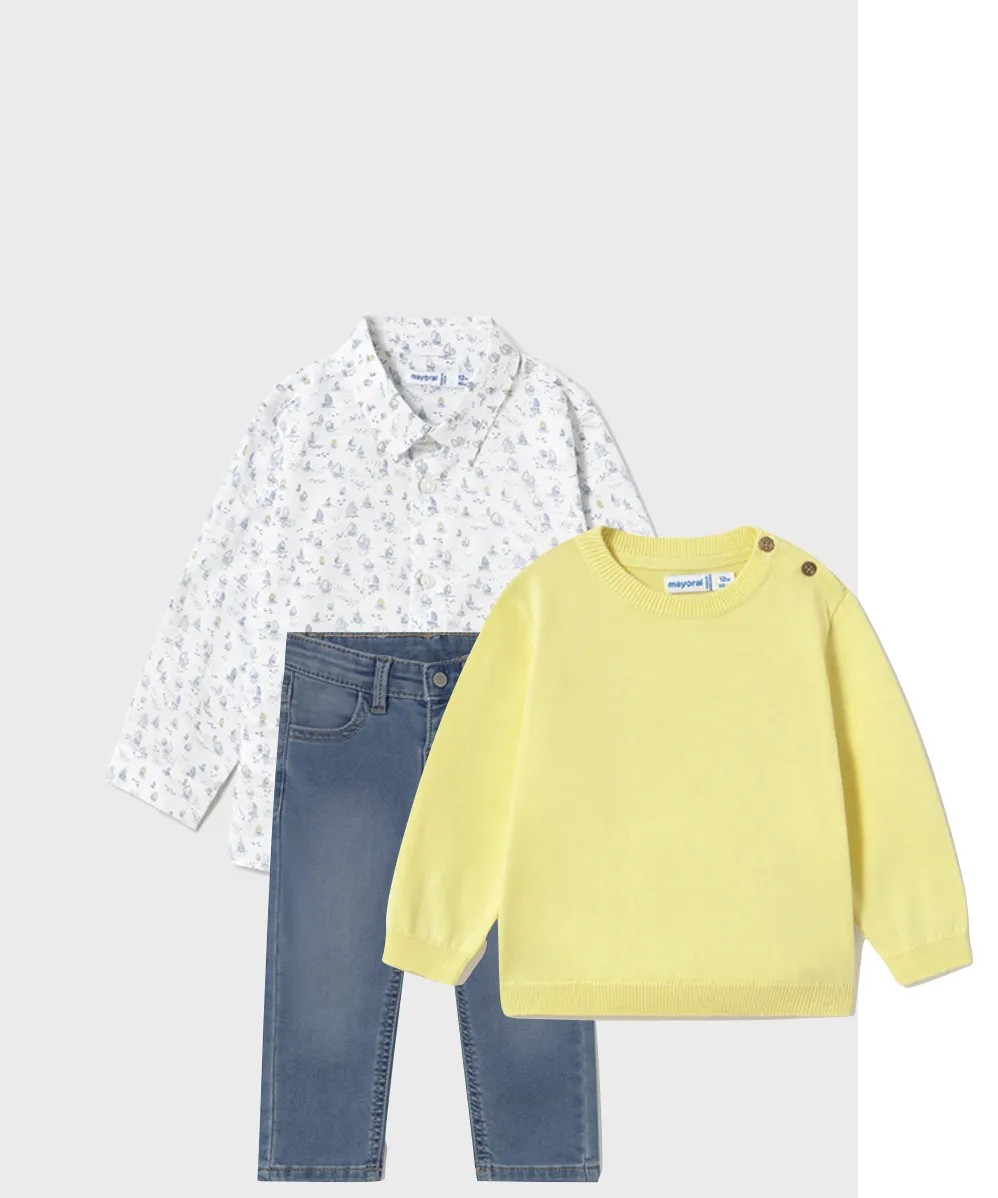 Mayoral 1117 Long Sleeve Shirt, Mayoral 1582 Medium Blue Denim Jeans and Mayoral 303 Yellow Cotton Jumper In Stock Now