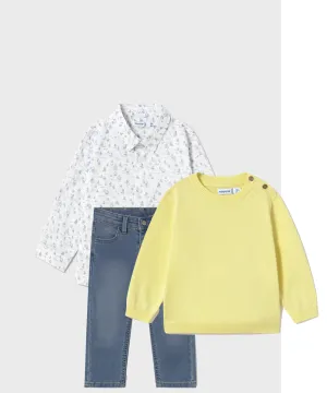 Mayoral 1117 Long Sleeve Shirt, Mayoral 1582 Medium Blue Denim Jeans and Mayoral 303 Yellow Cotton Jumper In Stock Now