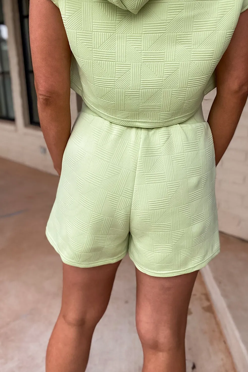 Meadow Mist Green Textured Cropped Hoodie and Shorts Set