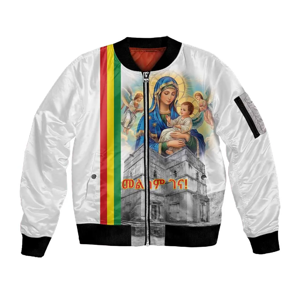 Melkam Gena Ethiopia Sleeve Zip Bomber Jacket Saint Mary Lalibela Churches LT15