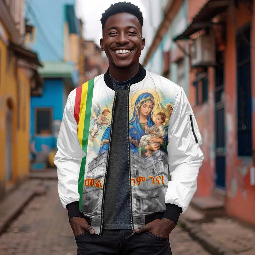 Melkam Gena Ethiopia Sleeve Zip Bomber Jacket Saint Mary Lalibela Churches LT15