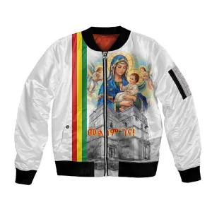 Melkam Gena Ethiopia Sleeve Zip Bomber Jacket Saint Mary Lalibela Churches LT15