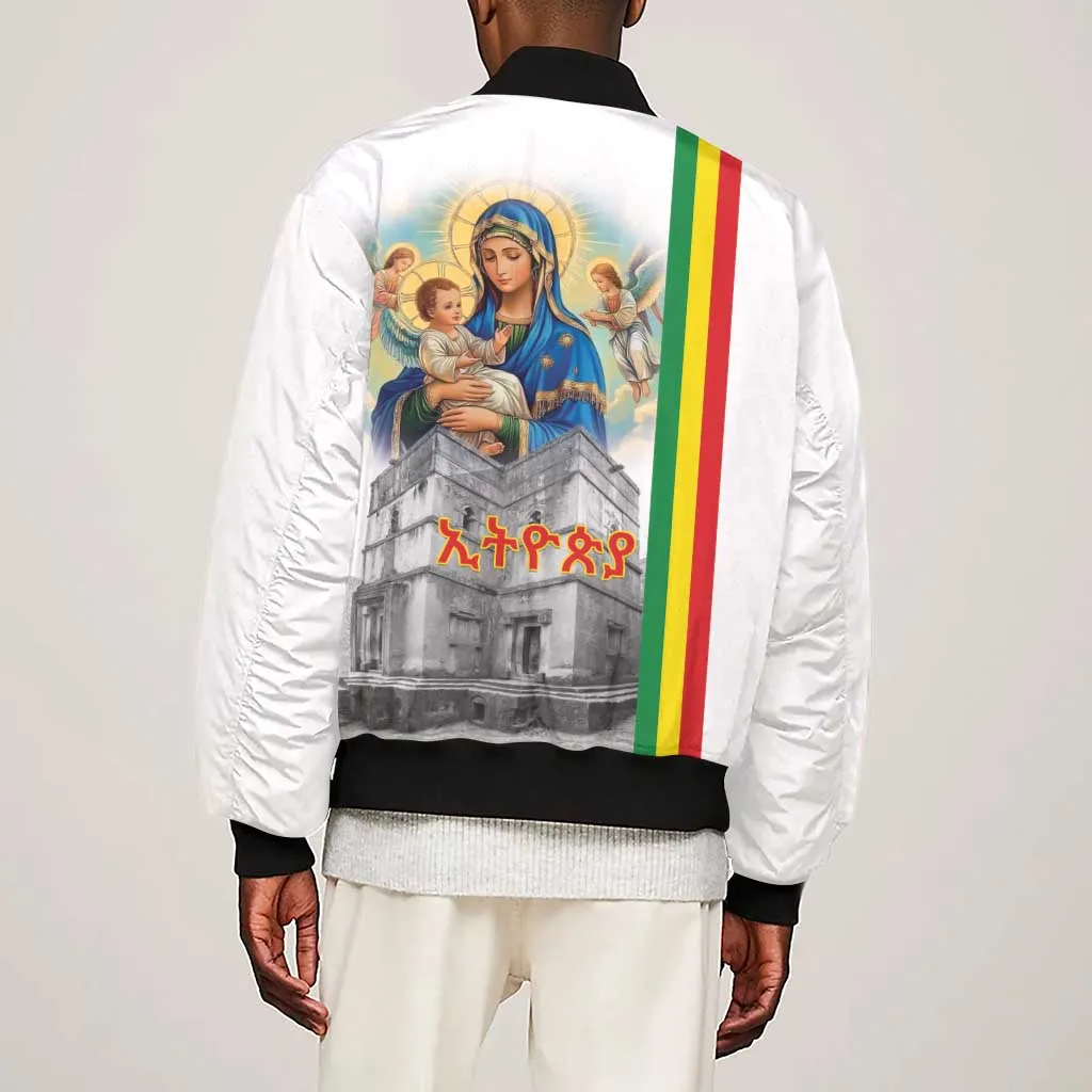 Melkam Gena Ethiopia Sleeve Zip Bomber Jacket Saint Mary Lalibela Churches LT15