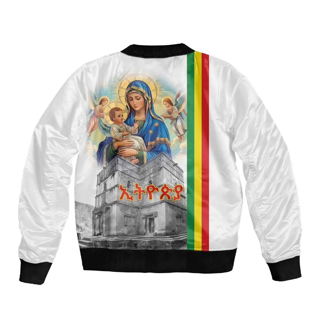 Melkam Gena Ethiopia Sleeve Zip Bomber Jacket Saint Mary Lalibela Churches LT15