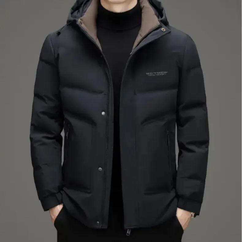 Men's Thickened Down Puffer Jacket with Zip-up and Stain-resistant Design