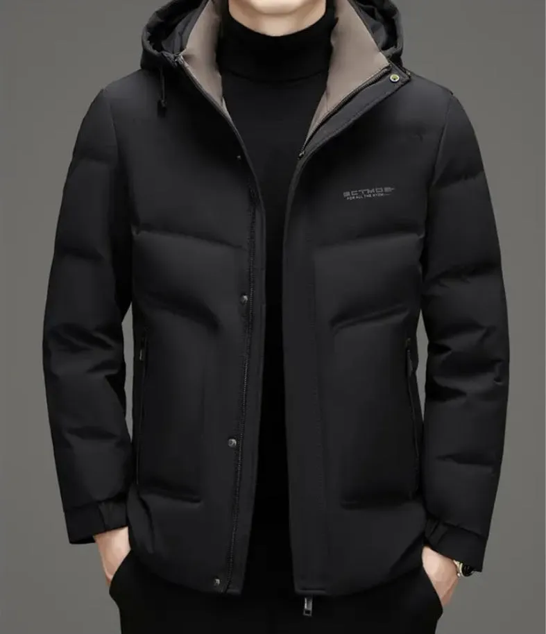 Men's Thickened Down Puffer Jacket with Zip-up and Stain-resistant Design
