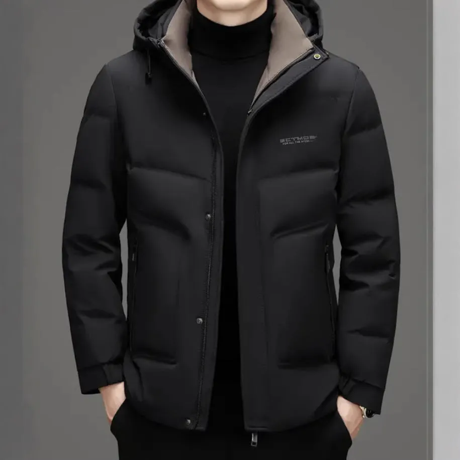 Men's Thickened Down Puffer Jacket with Zip-up and Stain-resistant Design
