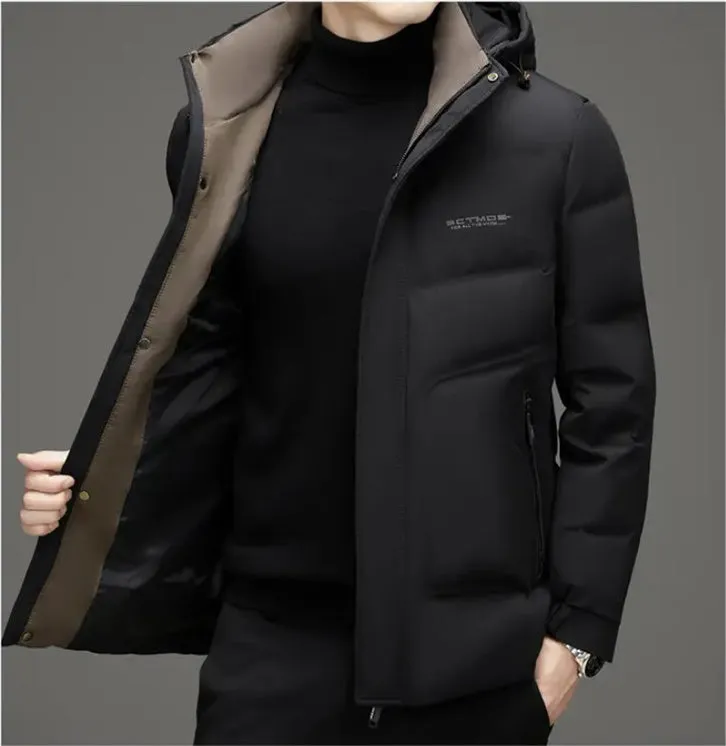 Men's Thickened Down Puffer Jacket with Zip-up and Stain-resistant Design
