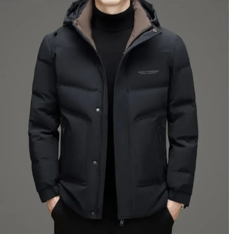 Men's Thickened Down Puffer Jacket with Zip-up and Stain-resistant Design