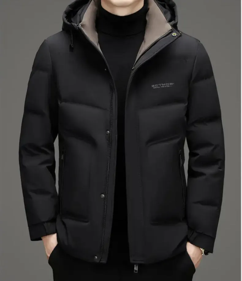 Men's Thickened Down Puffer Jacket with Zip-up and Stain-resistant Design