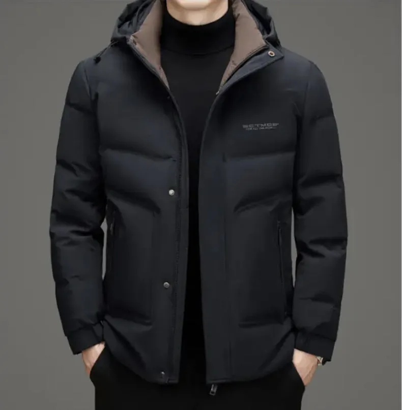 Men's Thickened Down Puffer Jacket with Zip-up and Stain-resistant Design