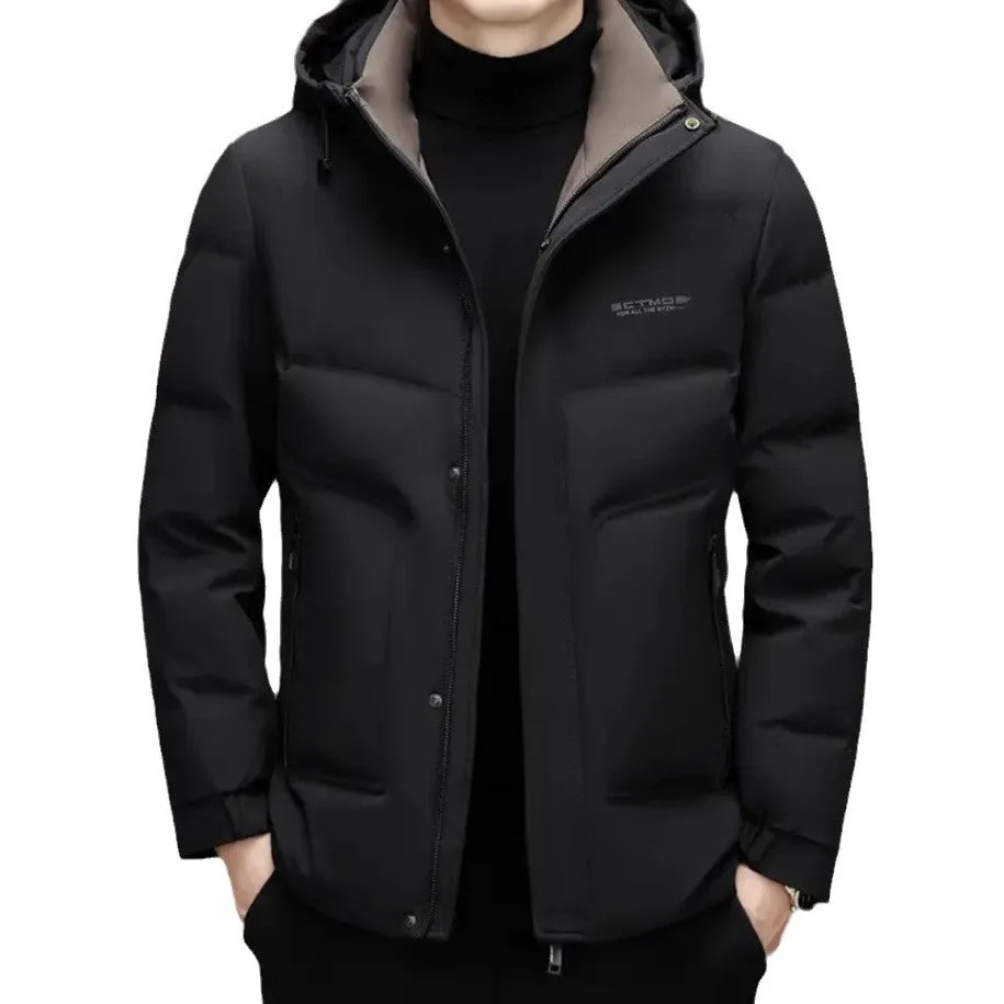 Men's Thickened Down Puffer Jacket with Zip-up and Stain-resistant Design