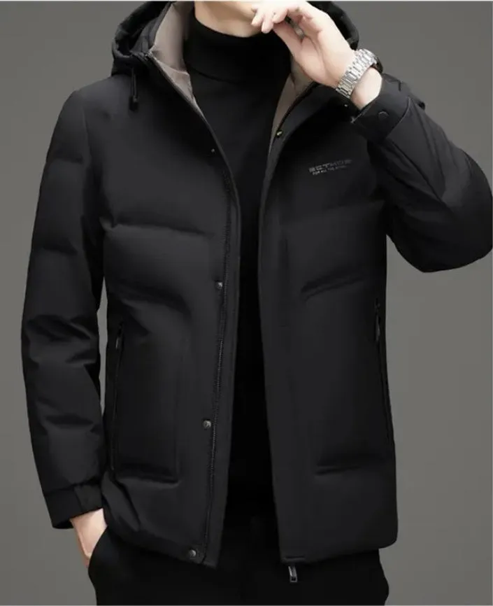 Men's Thickened Down Puffer Jacket with Zip-up and Stain-resistant Design