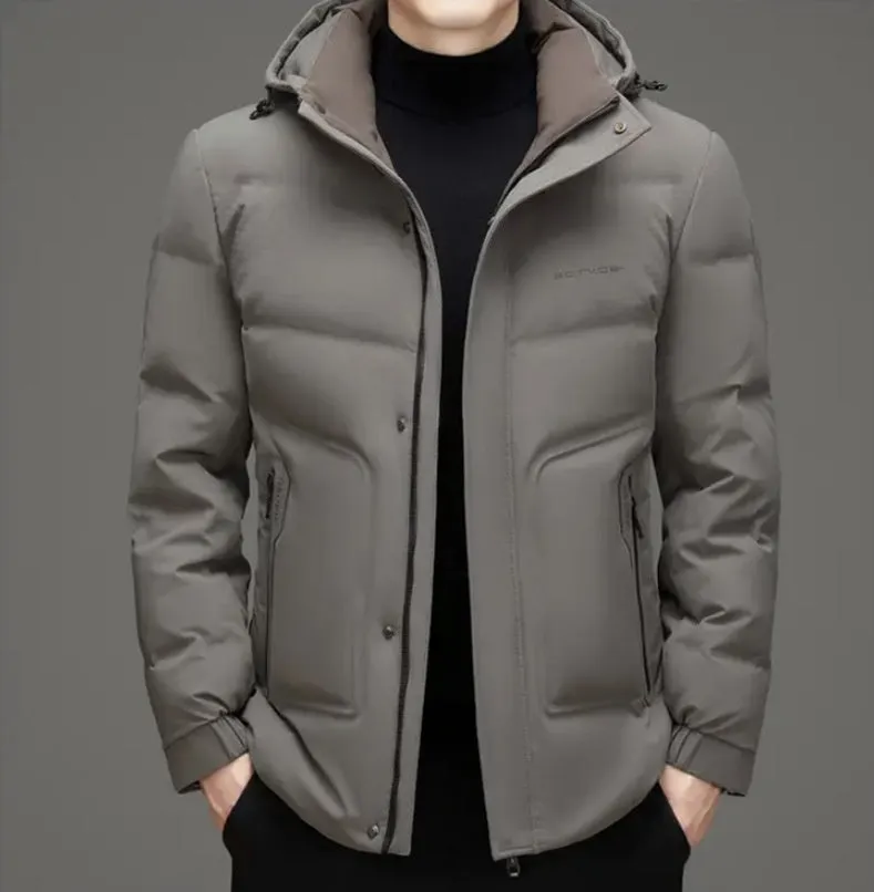 Men's Thickened Down Puffer Jacket with Zip-up and Stain-resistant Design