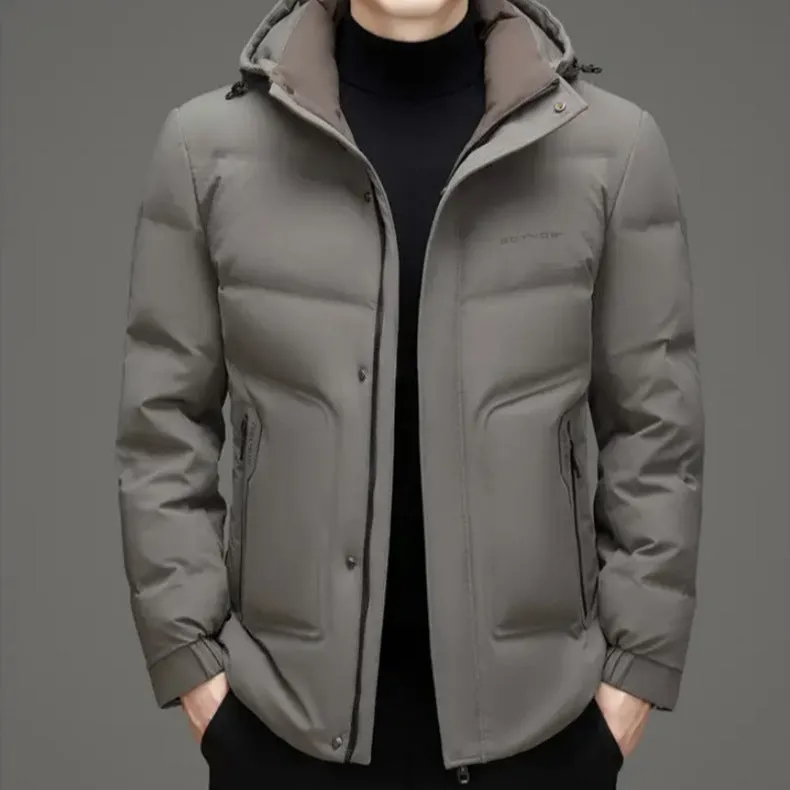 Men's Thickened Down Puffer Jacket with Zip-up and Stain-resistant Design