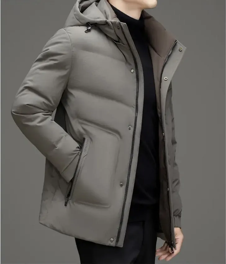 Men's Thickened Down Puffer Jacket with Zip-up and Stain-resistant Design