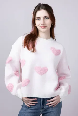 Multi Texture Heart Sweater for Women in Cream/Pink | GWT1239-CREAMPINK