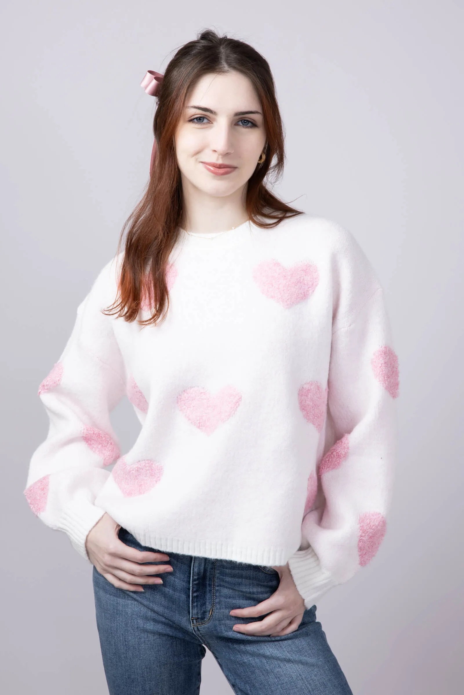 Multi Texture Heart Sweater for Women in Cream/Pink | GWT1239-CREAMPINK