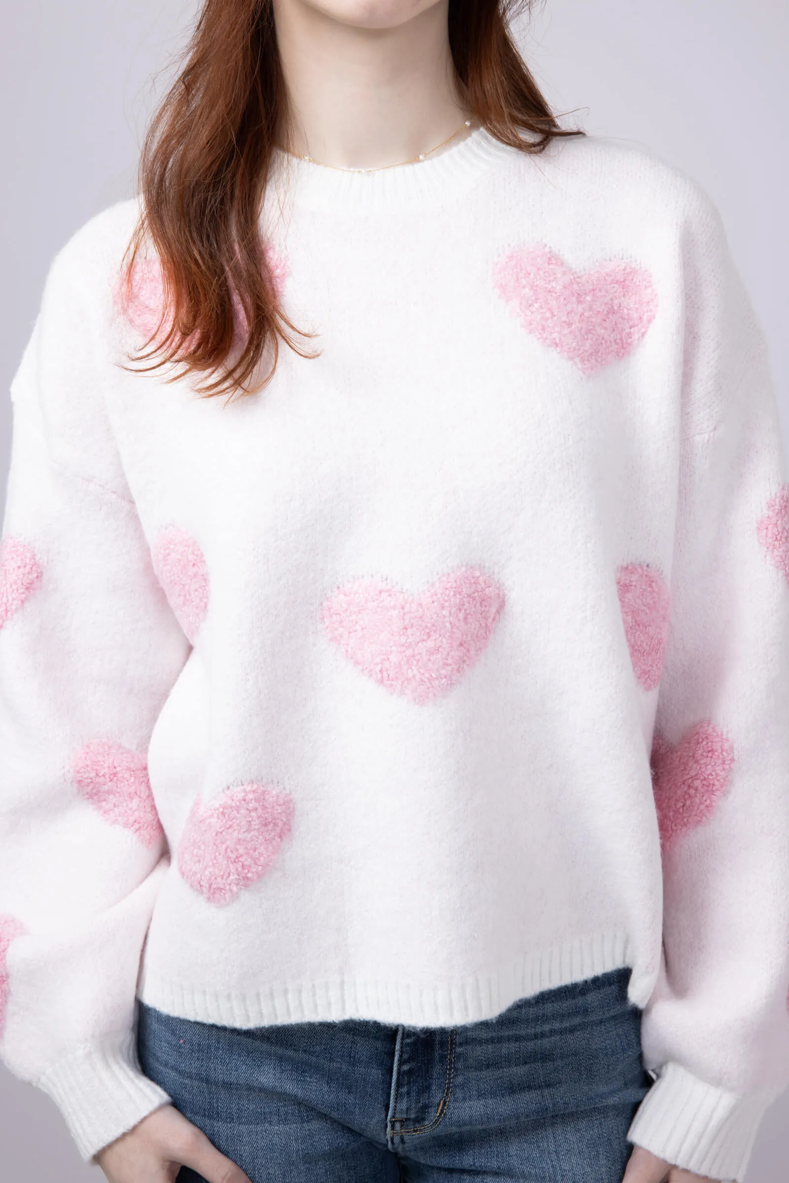 Multi Texture Heart Sweater for Women in Cream/Pink | GWT1239-CREAMPINK