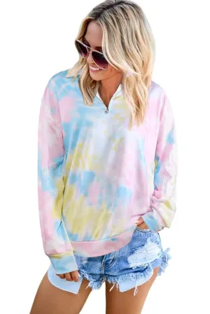 Multicolor Cotton Tie-dye Mock Neck Zip Sweatshirt
