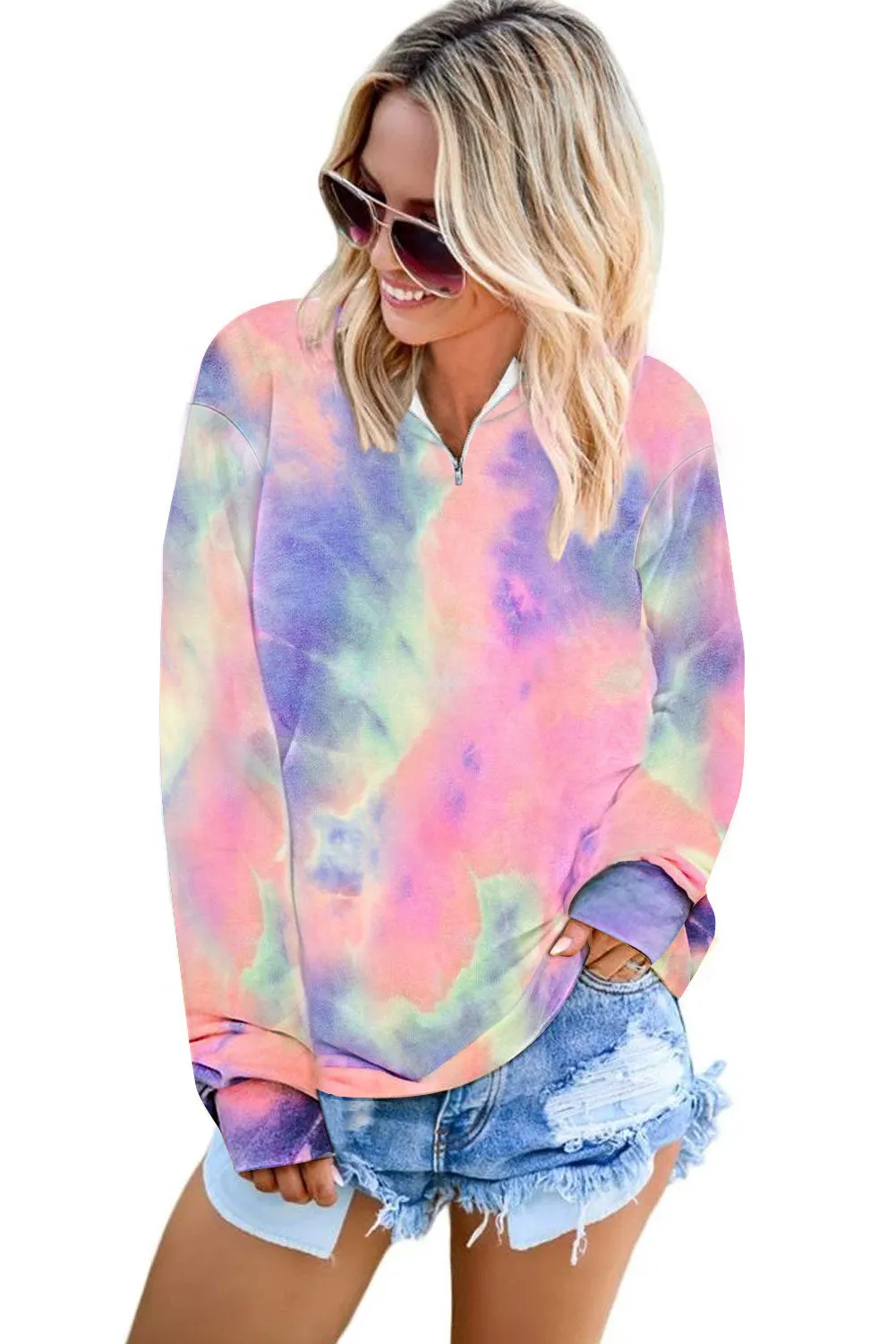 Multicolor Cotton Tie-dye Mock Neck Zip Sweatshirt