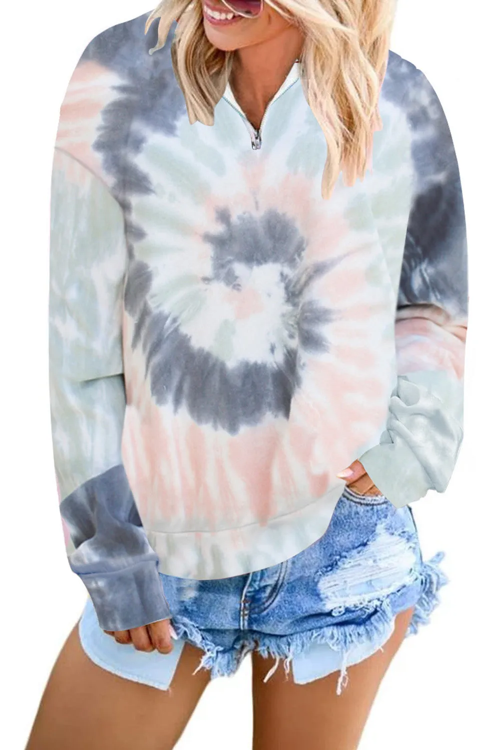 Multicolor Cotton Tie-dye Mock Neck Zip Sweatshirt