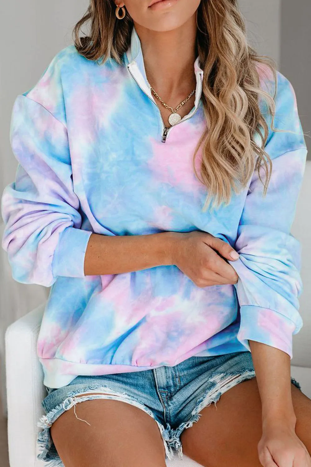 Multicolor Cotton Tie-dye Mock Neck Zip Sweatshirt