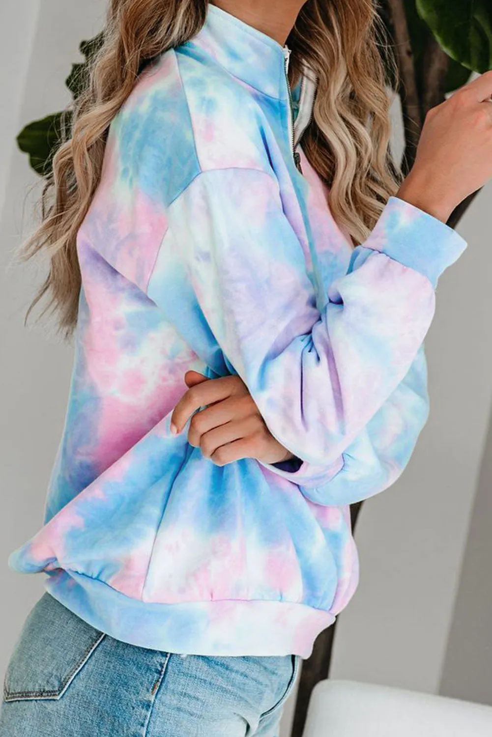 Multicolor Cotton Tie-dye Mock Neck Zip Sweatshirt