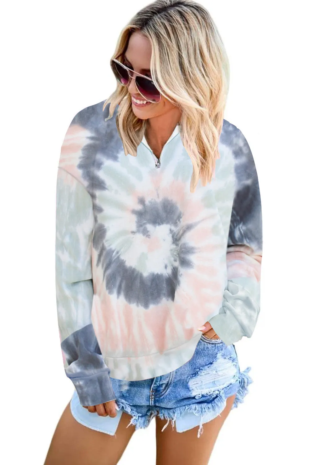 Multicolor Cotton Tie-dye Mock Neck Zip Sweatshirt
