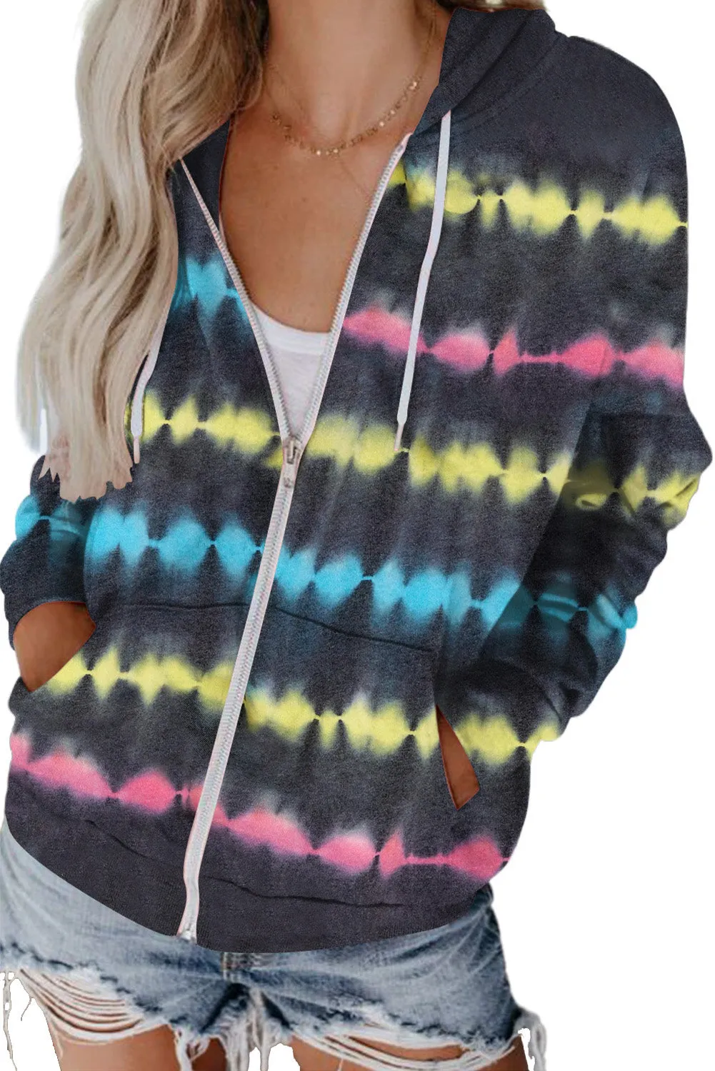 Multicolor Tie-Dyed Zipper Pocket Drawstring Hooded Jacket