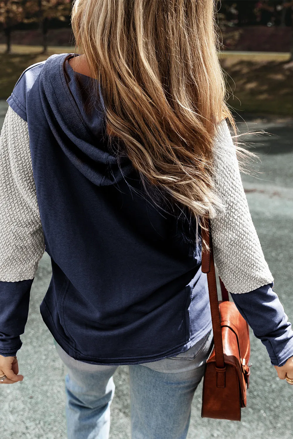 Navy Blue Contrast Splicing Sleeves Hooded Sweatshirt