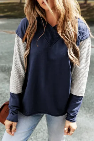 Navy Blue Contrast Splicing Sleeves Hooded Sweatshirt